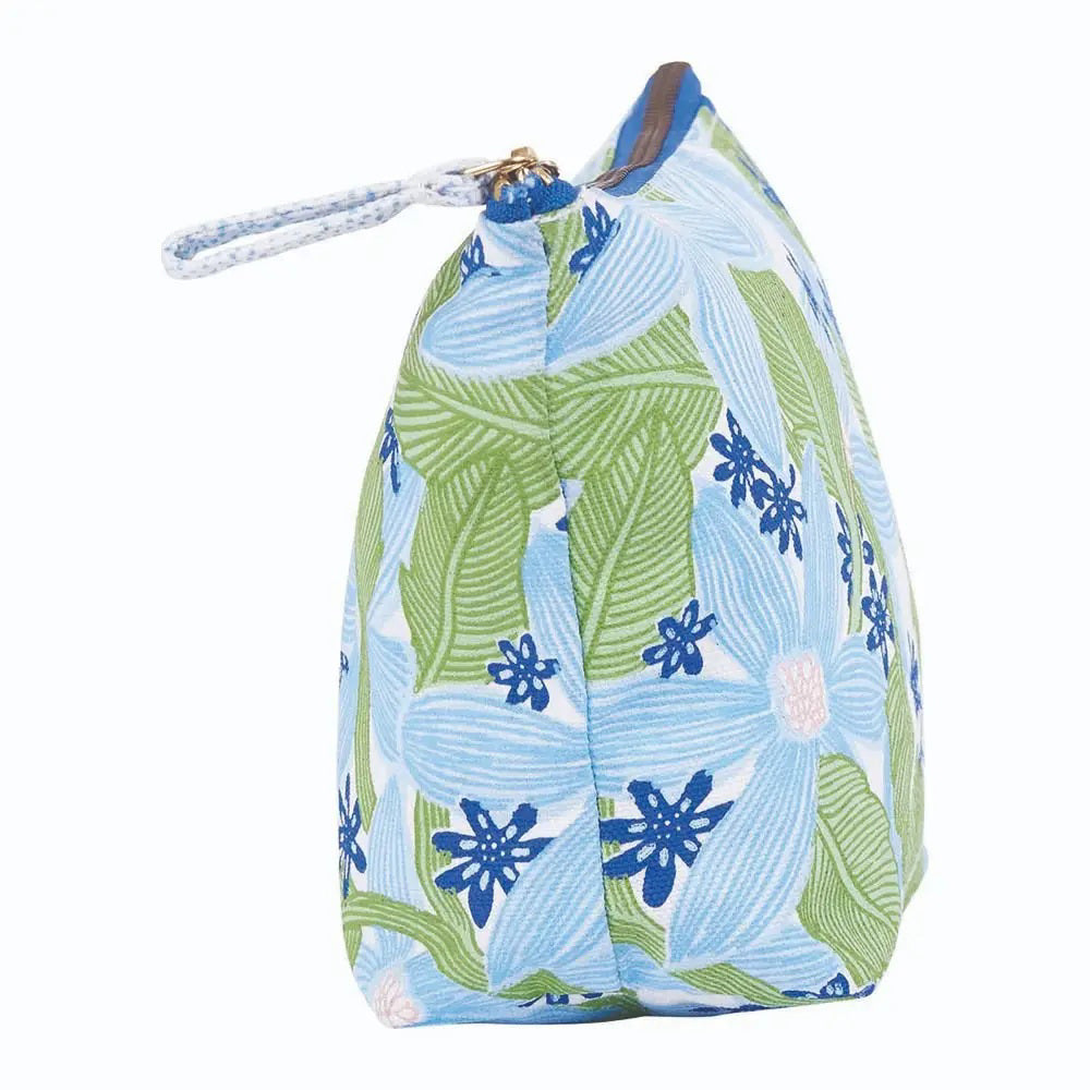 The ROCKFLOWERPAPER - TROPICANA POUCH is a cotton canvas organizer with a green leaf and blue flower design, featuring a blue zipper and small pull tab.