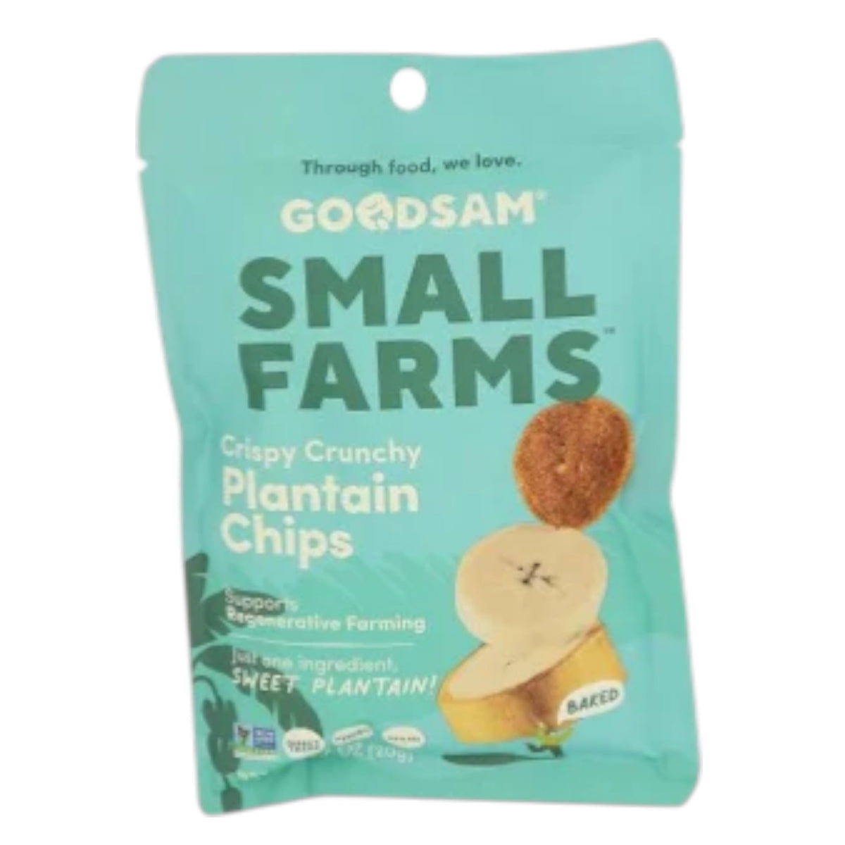 A teal bag of GOODSAM FOODS CRUNCHY SWEET PLANTAIN FRUIT CHIPS shows sliced plantains and product info, highlighting these slow-baked chips as a healthy snack that supports regenerative farming.