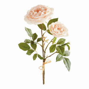 The NAPA HOME AND GARDEN - ENGLISH ROSE STEM features two large, pale peach roses with life-like petals and lush green leaves, tied with a natural raffia ribbon against a plain white background.