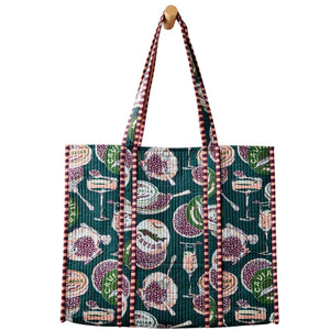 Discover a repeating pattern of caviar tins, open shells filled with caviar, mini forks, and champagne glasses set against a deep green background—an elegant design featured on the PRINTFRESH - CHAMPAGNE & CAVIAR TRAVELER TOTE by PRINTFRESH.