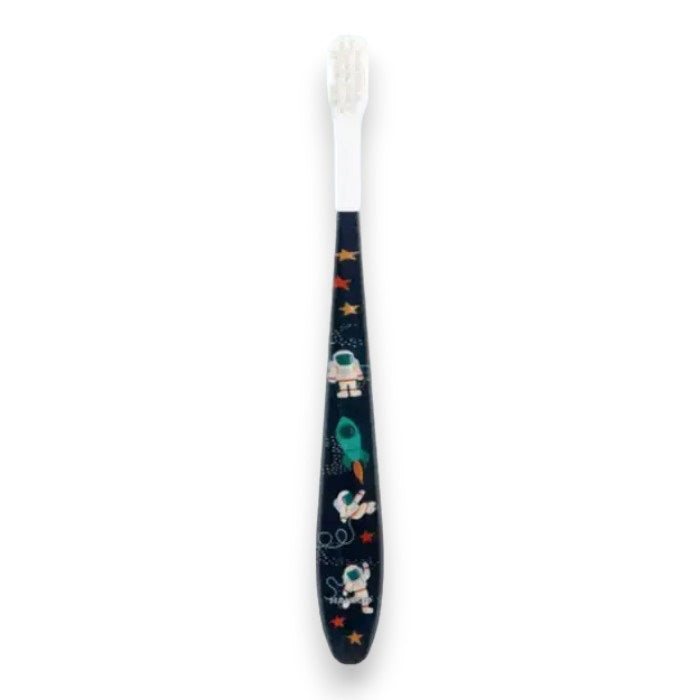 The HAMICO - KIDS ASTRONAUT TOOTHBRUSH by HAMICO/INNOVATIVE TOOTHBRUSH is a black, dentist-designed kids' toothbrush with soft white bristles, adorned with colorful space-themed illustrations of astronauts, rockets, stars, and planets.