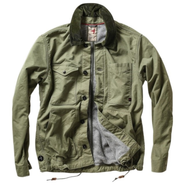 The RELWEN Pile-Lined Chore Coat in Palm Green is a stylish workwear jacket with a green quilted sleeve, olive-green collar and cuffs, and a soft gray fleece body with rugged lining, shown lying open on a white background.