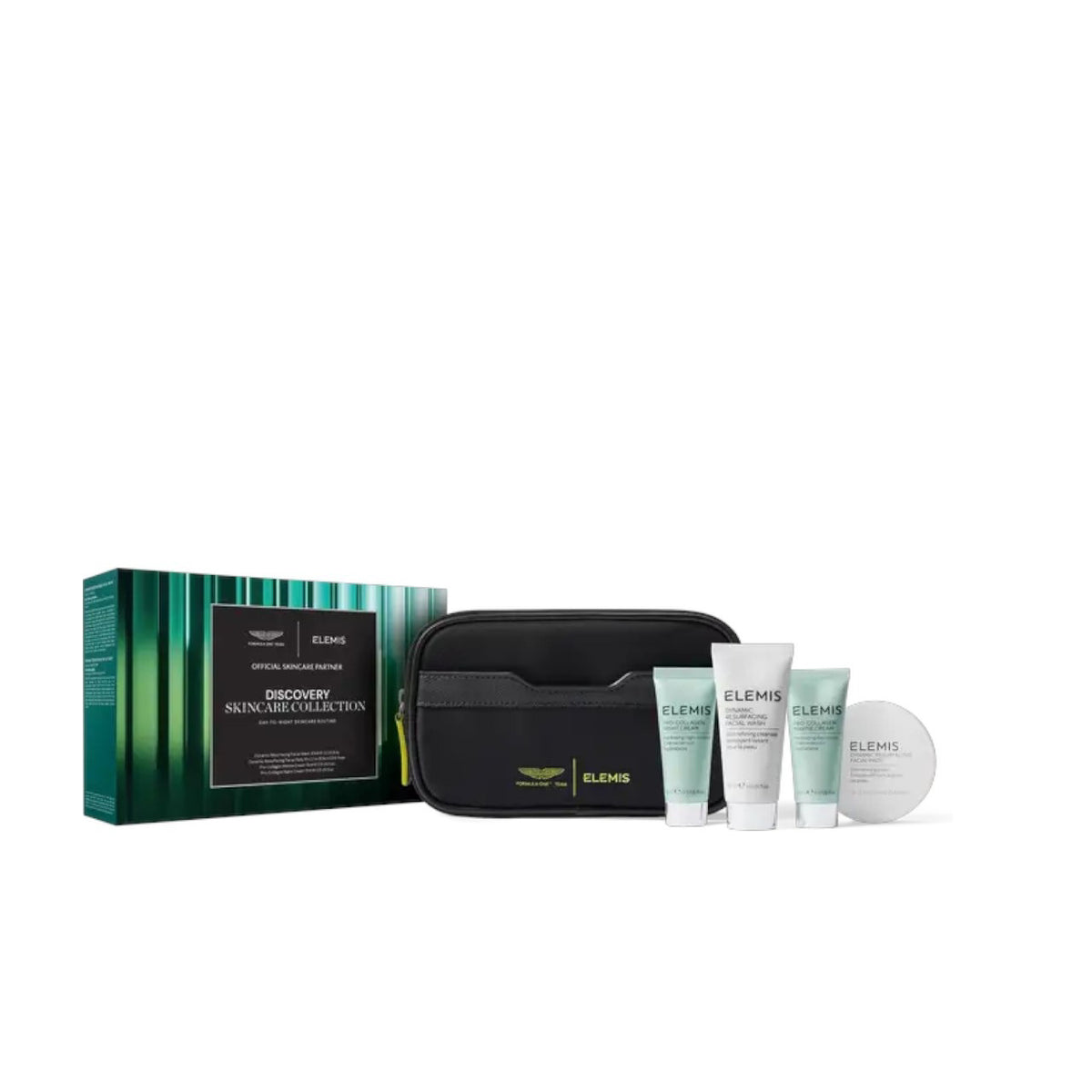 The ELEMIS - ASTON MARTIN DISCOVERY SKINCARE COLLECTION by ELEMIS - STEINER features four tubes, a round container, a black zippered pouch, and a green-and-black box—perfect for day-to-night skincare—displayed on a white background.