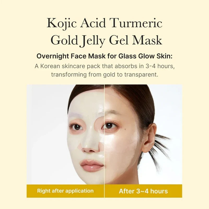 A woman wears the MEDICUBE - KOJIC ACID TURMERIC BRIGHTENING GEL MASK by KOSMIC KBEAUTY SKINCARE on one half of her face in its original gold jelly form, while the other half reveals the mask after it has turned transparent. Text highlights this Korean skincare treatment, infused with kojic acid and turmeric, which absorbs over 3-4 hours and transforms from gold to clear for a radiant, brightening effect.