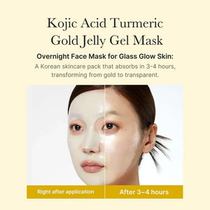 A woman wears the MEDICUBE - KOJIC ACID TURMERIC BRIGHTENING GEL MASK by KOSMIC KBEAUTY SKINCARE on one half of her face in its original gold jelly form, while the other half reveals the mask after it has turned transparent. Text highlights this Korean skincare treatment, infused with kojic acid and turmeric, which absorbs over 3-4 hours and transforms from gold to clear for a radiant, brightening effect.