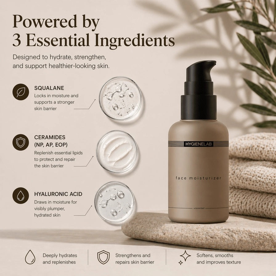 A beige bottle with a black pump, labeled “HYGIENELAB - FACE MOISTURIZER, UNSCENTED,” sits against a white background; this product from HYGIENELAB is formulated with ceramides and hyaluronic acid to provide optimal hydration.