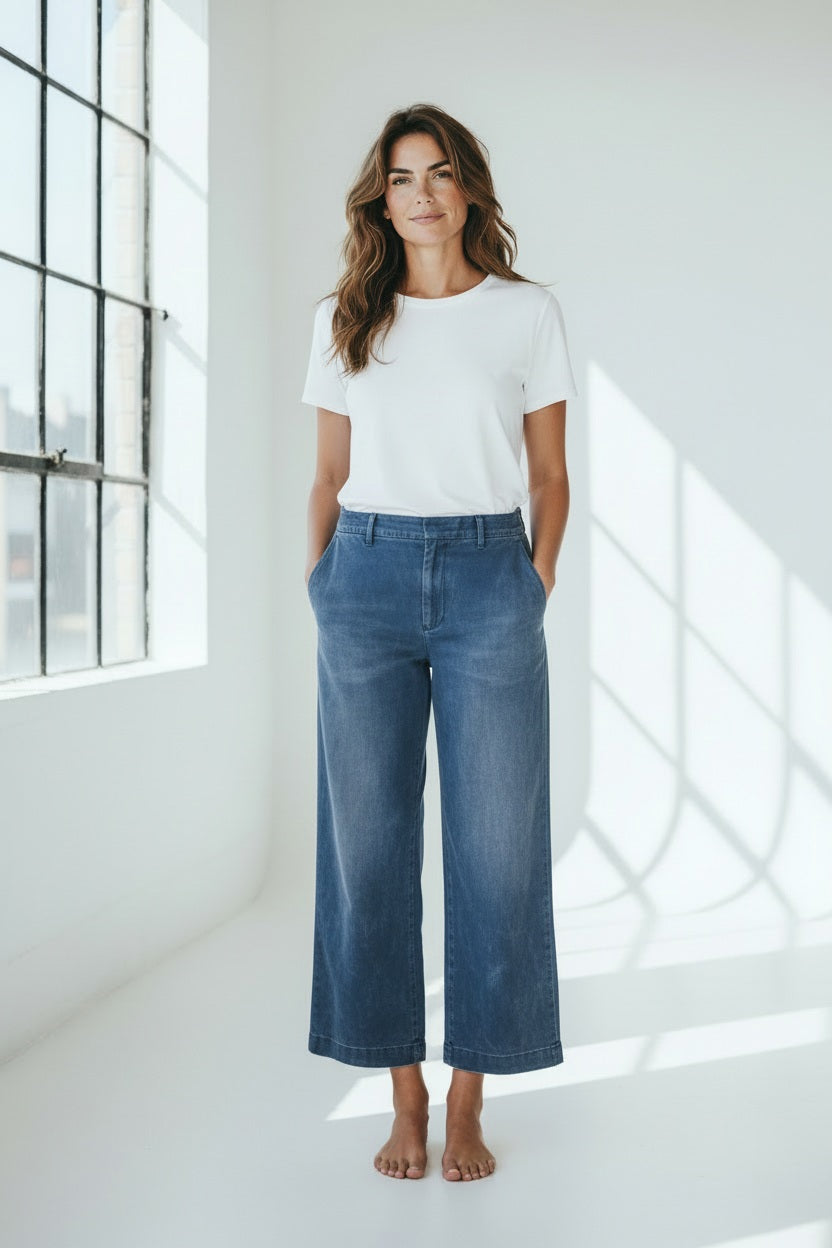 A person wearing a striped sweater, lightweight FRANK AND EILEEN - WESTPORT ITALIAN WIDE LEG TROUSER, and white sneakers stands on a brick path, holding a straw hat. The casual scene is enhanced by the textured backdrop, offering a relaxed yet stylish vibe.