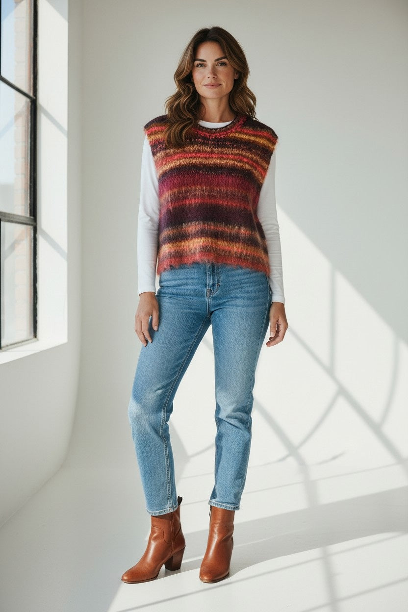 A woman with wavy brown hair stands in a bright room, looking at the camera with her hands relaxed by her sides. She is wearing the FLOOR - PAINTED YARN SLEEVELESS SWEATER IN POMEGRANATE by FLOOR over a white long-sleeve shirt, paired with blue jeans and brown ankle boots.
