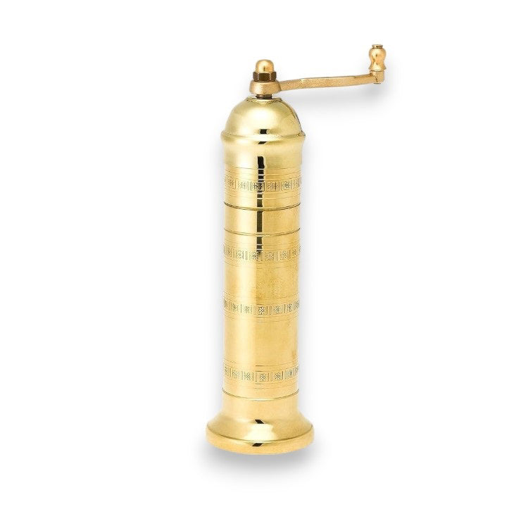 The ATLAS BRASS SALT MILL 9&quot; by PEPPER MILL IMPORTS is a tall, elegant handcrafted Greek product with a cylindrical design and detailed engravings. It includes a top crank handle for grinding and boasts a sleek, polished finish against a white background.