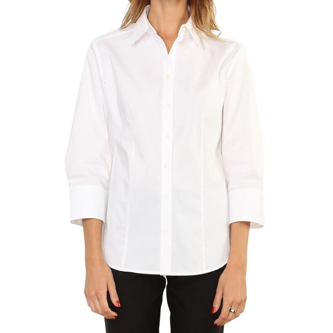 A person with long brown hair is shown from the back wearing a white HINSON WU - DIANE SHIRT with a collar and sleeves ending just below the elbows, paired with black pants.