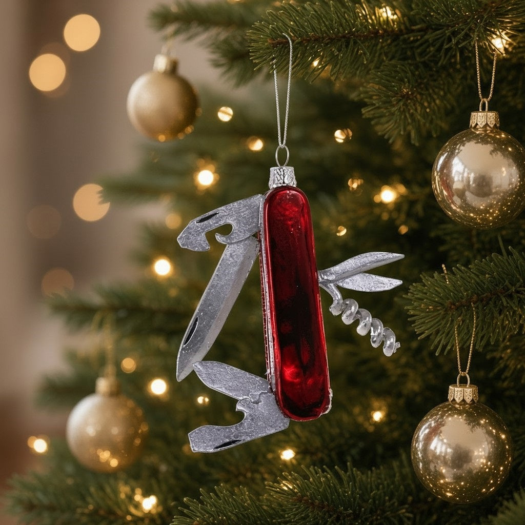A 3.5-inch GLASS SWISS ARMY KNIFE ORNAMENT by Cody Foster, shaped like a multi-tool pocket knife with a red handle and silver folded blades.