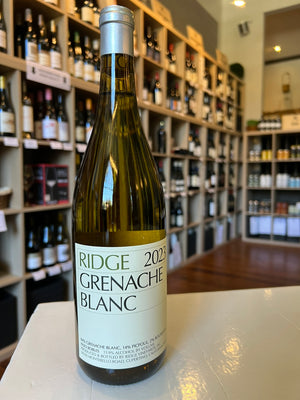 A bottle of RIDGE GRENACHE BLANC 2023 by WINE: WINEBOW, featuring a white label with black text, stands upright on a white background. This Paso Robles white wine is noted for its elegance and clarity.