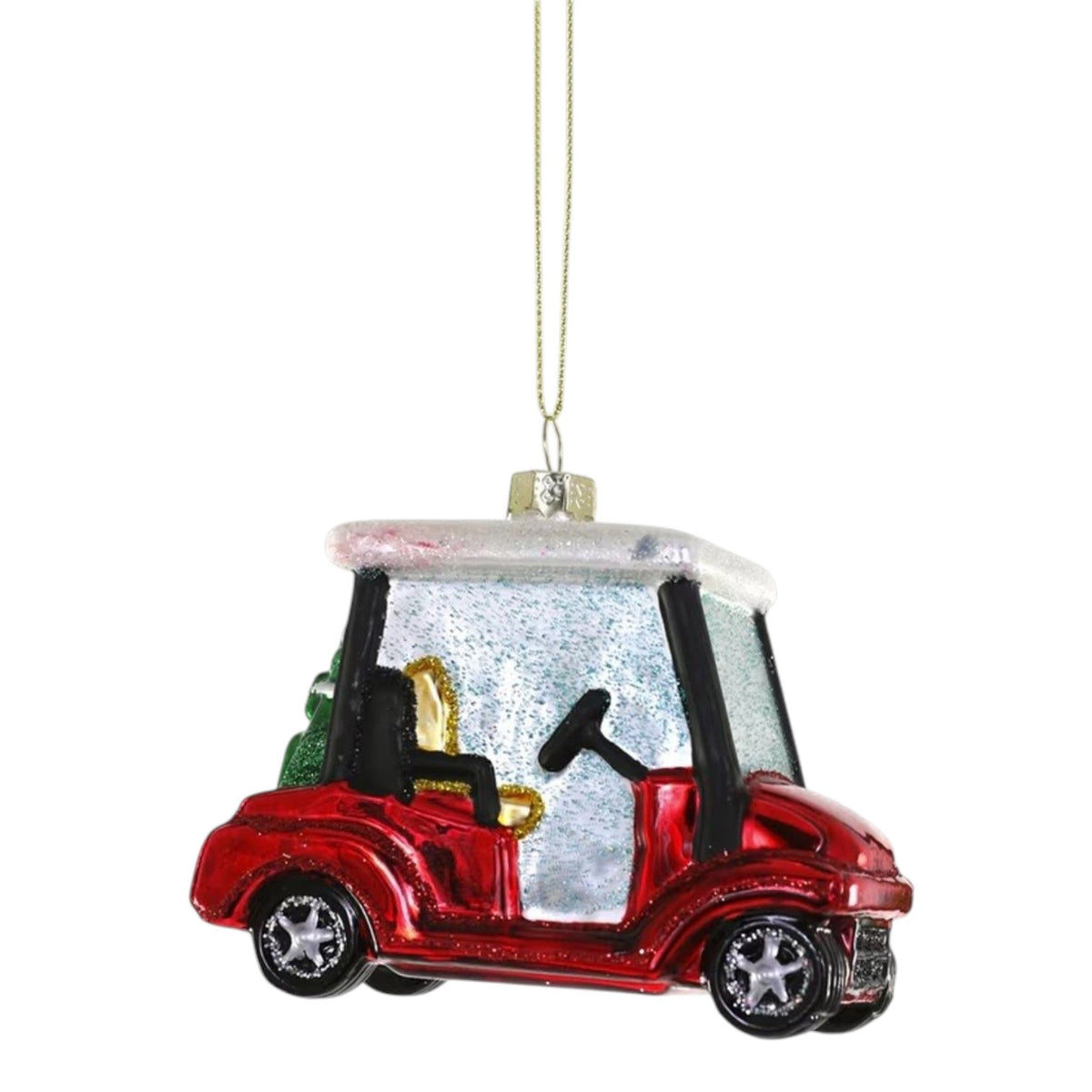 A glittery, 3.75-inch red and white GLASS GOLF CART ORNAMENT by CODY FOSTER.
