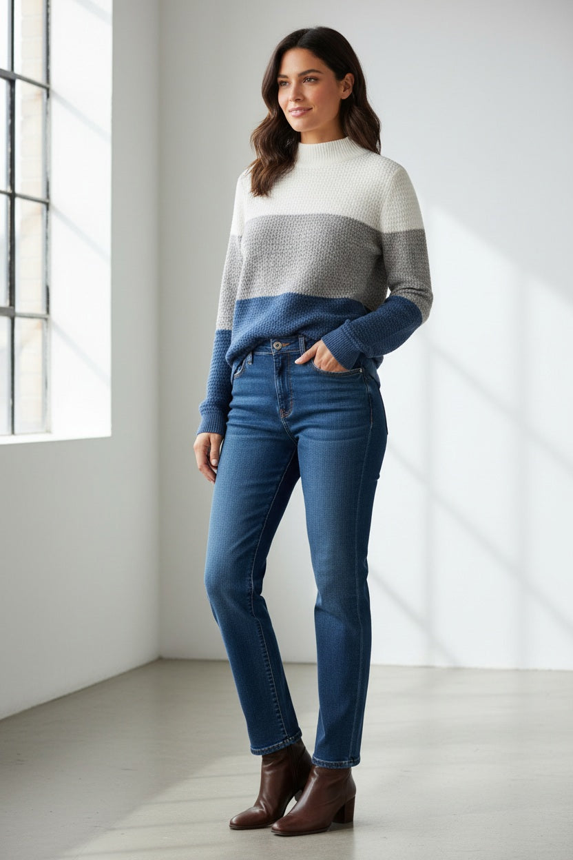 A woman wearing a color-blocked turtleneck sweater in light blue, gray, and dark blue, paired with blue jeans, stands against a plain white background.