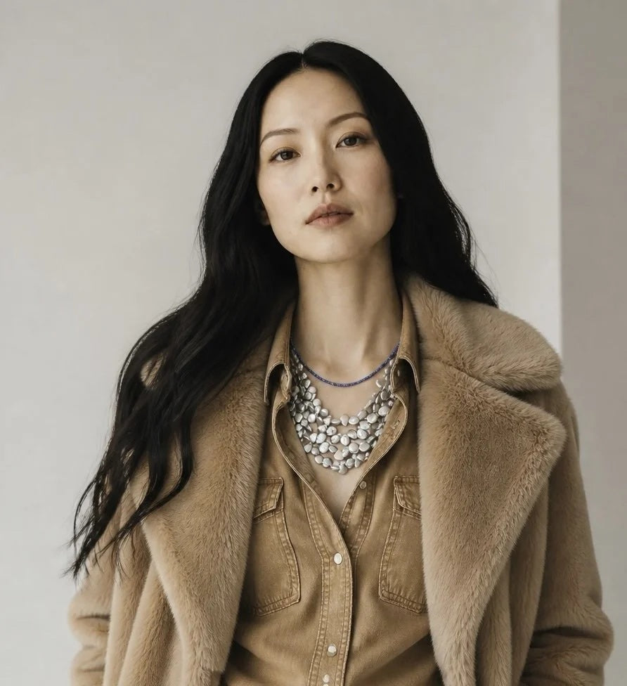 A woman with long black hair wears a tan fur coat over a tan shirt and an ANN LIGHTFOOT - GREY PEARL FOUR STRAND FLIP FLOP COLLIER NECKLACE, standing against a plain light background.