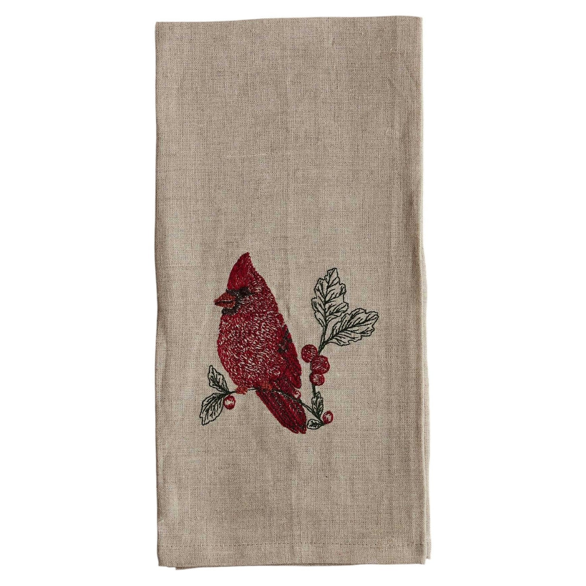 A RED CARDINAL LINEN TEA TOWEL by CORAL & TUSK made of beige natural flax fiber, embroidered with a red cardinal perched on a branch with berries and green leaves.