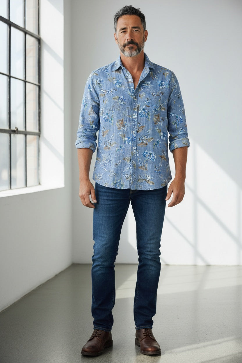 A man stands indoors by expansive windows, wearing the FRANK & EILEEN Finbar Men’s Button Up Shirt in Floral Bird Linen, paired with dark blue jeans and brown shoes. He has short dark hair, a beard, and maintains a neutral expression as sunlight streams into the room.
