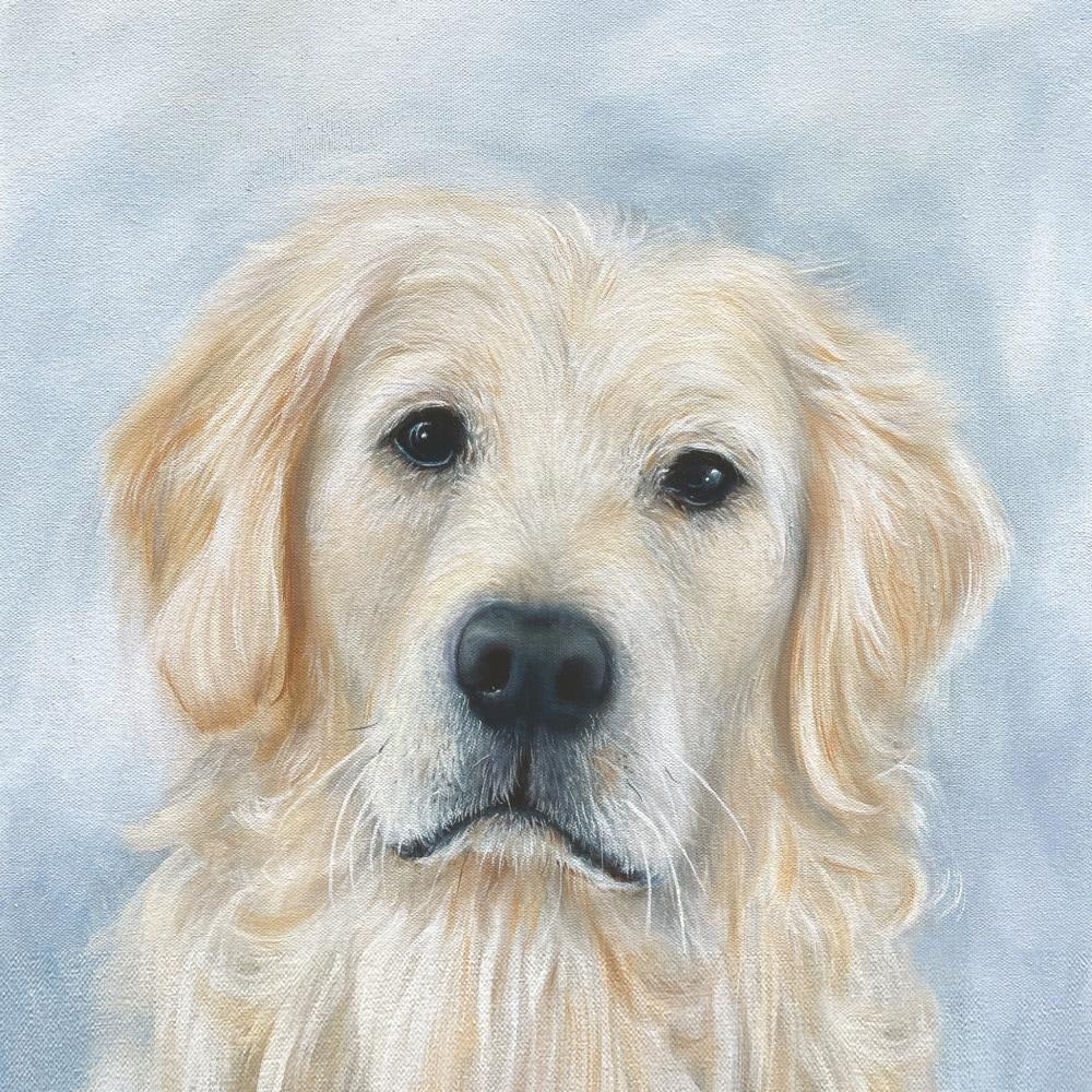 A realistic painting of a Golden Retriever with light fur, capturing the dog&#39;s earnest expression with soulful, dark eyes and a slightly closed mouth. The background is a soft, blurred mix of light blues and grays, reminiscent of delicate QUINN BEVERAGE NAPKINS by PAPER PRODUCTS DESIGN.