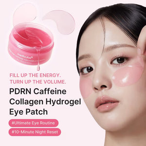 A pink tub labeled “MEDICUBE - PDRN CAFFEINE COLLAGEN EYE PATCH” from KOSMIC KBEAUTY SKINCARE, shown opened with a pair of crescent-shaped pink gel patches displayed above the container. These under-eye patches are infused with collagen to help hydrate and refresh the skin.