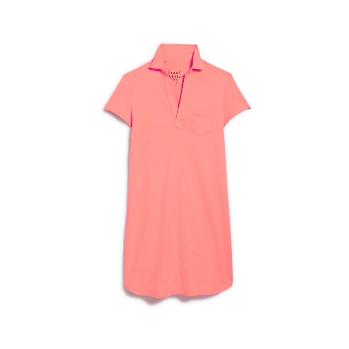 The FRANK &amp; EILEEN LAUREN Polo Dress in Wild Strawberry is a pink, short-sleeve, knee-length cotton jersey dress with a collar, V-neckline, and chest pocket, shown on a white background.