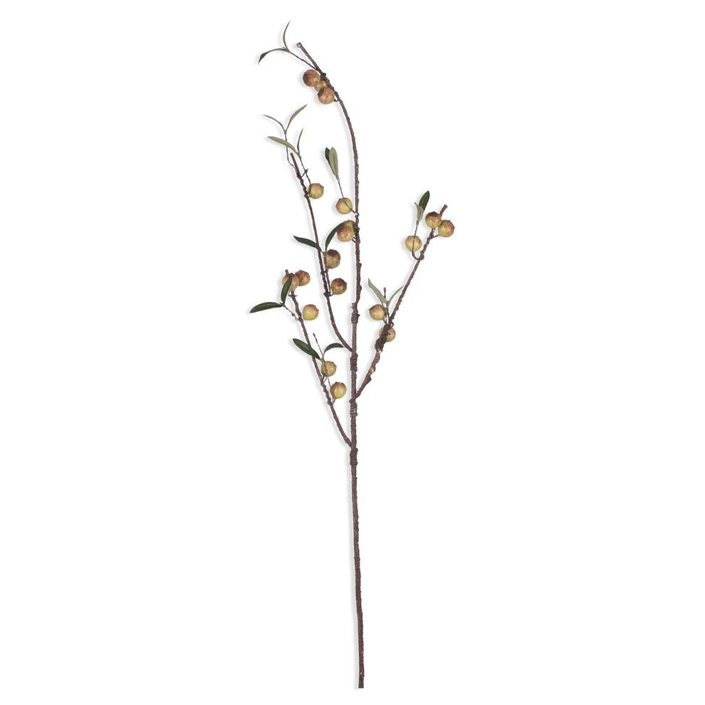 The ABIGAIL AHERN - ROSEHIP DAPPLED is a single artificial stem with small brownish-yellow berries and green leaves on slender, woody stems, perfect for adding a natural touch to your decor.