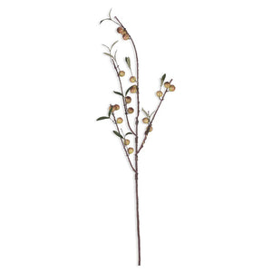 The ABIGAIL AHERN - ROSEHIP DAPPLED is a single artificial stem with small brownish-yellow berries and green leaves on slender, woody stems, perfect for adding a natural touch to your decor.