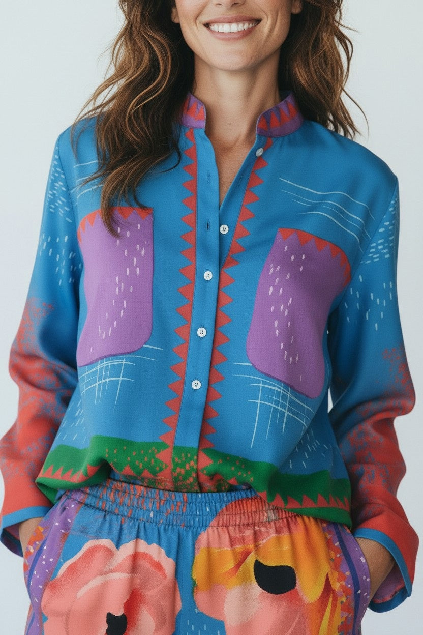 A woman smiles with her hands in her pockets, wearing the FRANCO FERRARI Silk Print Blouse—a colorful, made in Italy shirt with blue and purple zigzag patterns—paired with vibrant floral shorts.