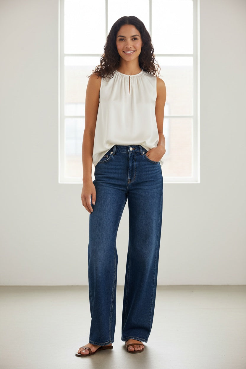 A woman stands in a bright room wearing the MOMONI - CRIS SLEEVELESS TOP, a white silk round neck top by MOMONI, paired with high-waisted wide-leg blue jeans and brown sandals. She smiles with one hand in her pocket, with a large window behind her.