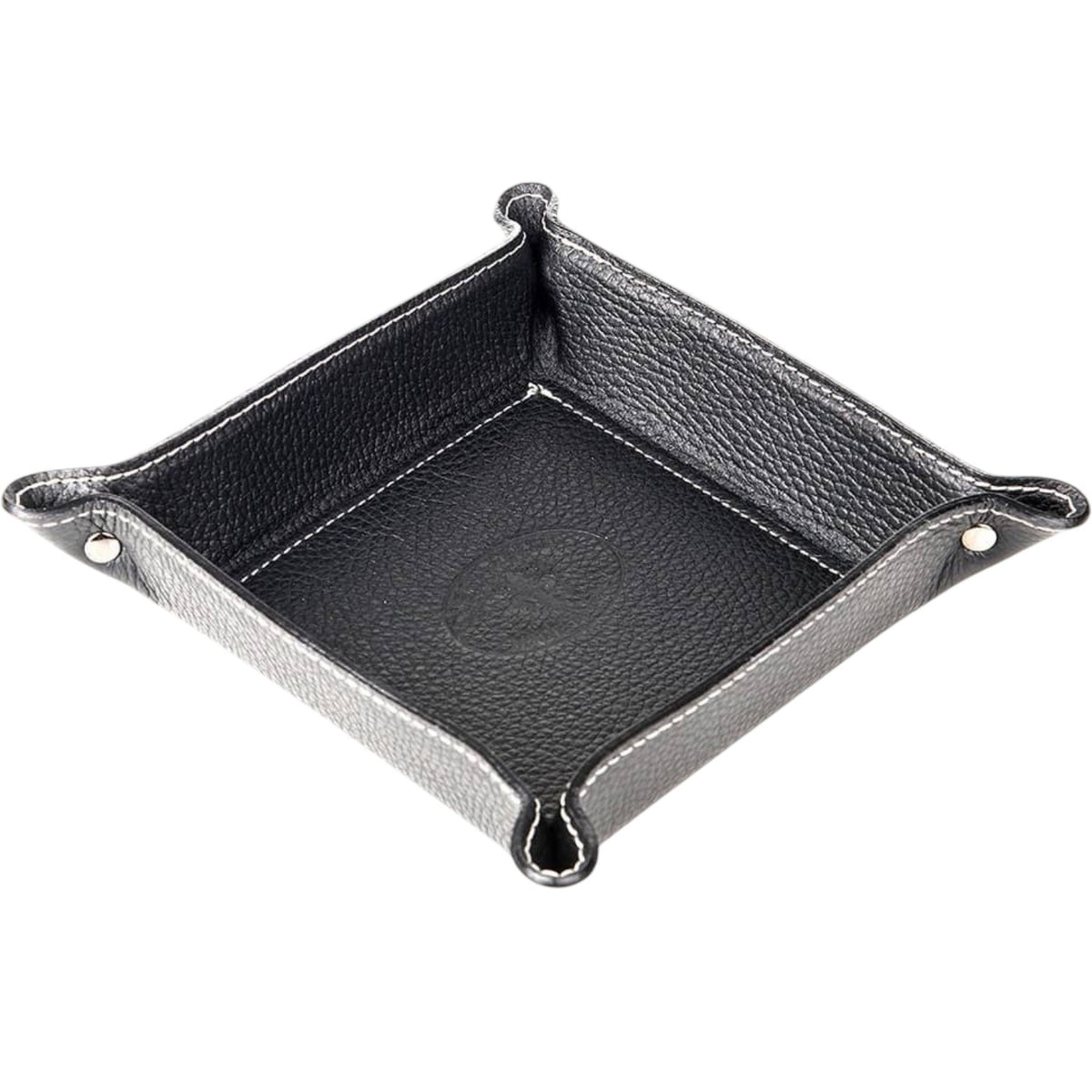 LE BORSETTE square black hammered leather valet tray with snapped corners and white stitching.