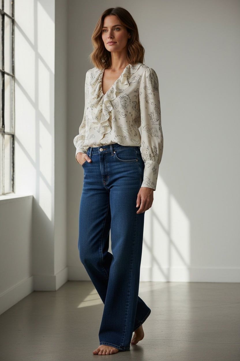 The RUFFLED BLOUSE by MOMONI is a cream-colored, long-sleeved bohemian top made in Italy, adorned with ruffle details at the neckline and a delicate black line print featuring stars and animals. Crafted from luxurious silk crêpe de chine, it offers an effortlessly elegant look.