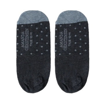 A pair of navy melange invisible socks with lighter gray toes and small polka dots. Expertly crafted in Italy from a premium combed cotton blend, these men’s accessories by AMANDA CHRISTENSEN feature the text “AMANDA CHRISTENSEN” and “SINCE 1885” printed on each.