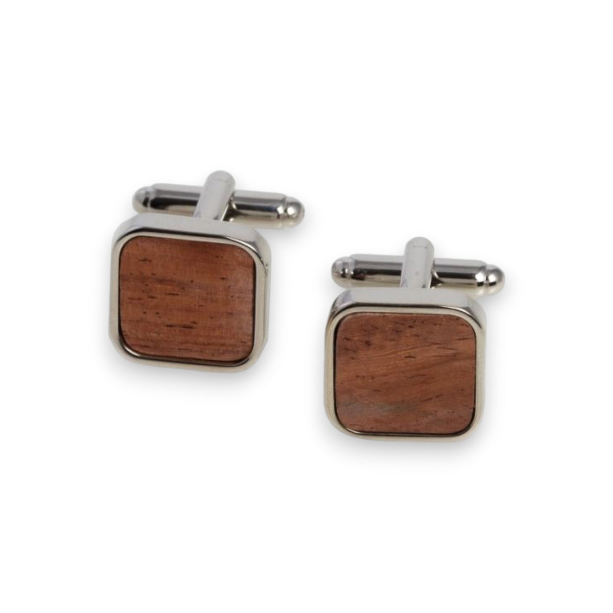 BEYBERK INTERNATIONAL CUFFLINKS - WOOD RHODIUM CUFFLINKS: Square, tarnish-resistant rhodium-plated cufflinks with silver borders and brown wood accents, shown on a white background.
