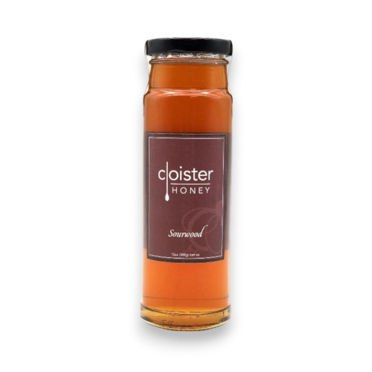 A jar of CLOISTER HONEY - SOURWOOD HONEY 12OZ is displayed against a white background. The cylindrical jar, filled with amber natural honey, has a black lid. The label, predominantly burgundy with white text, features the brand name &quot;CLOISTER HONEY&quot; and the variety &quot;Sourwood,&quot; sourced from the Appalachian Mountains.