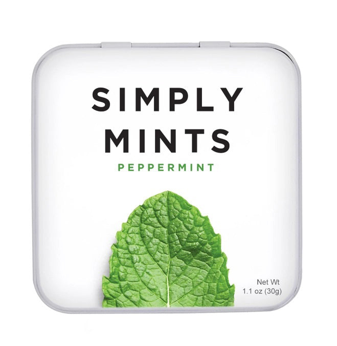 A small white tin labeled "SIMPLY GUM - PEPPERMINT MINTS" with a large image of a green peppermint leaf below the text. Experience a burst of freshness with these peppermint mints from SIMPLY GUM. The net weight is indicated as 1.1 oz (30g) in the bottom right corner.