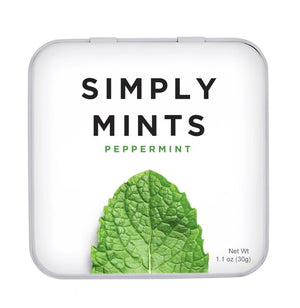 A small white tin labeled "SIMPLY GUM - PEPPERMINT MINTS" with a large image of a green peppermint leaf below the text. Experience a burst of freshness with these peppermint mints from SIMPLY GUM. The net weight is indicated as 1.1 oz (30g) in the bottom right corner.