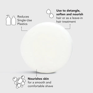 A white, multi-purpose solid conditioner and shave bar sits on a blue box labeled "KITSCH - ULTRA SENSITIVE CONDITIONER & SHAVE BAR." Formulated without color or fragrance, it features icons indicating it's color safe, pH balanced, vegan, and environmentally friendly.