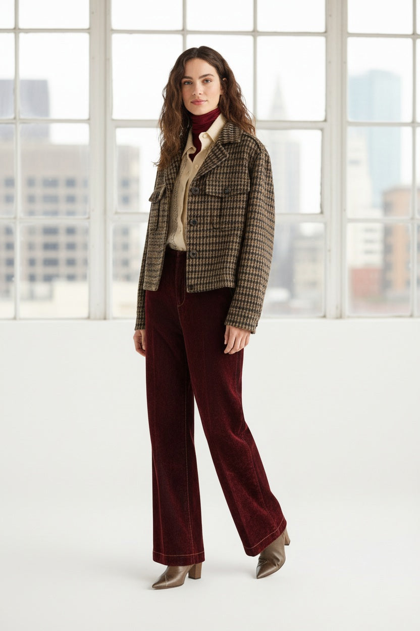 A woman stands indoors in front of tall windows, wearing a plaid jacket, a cream turtleneck, and the MOMONI EDIMBURGO Pant in Burgundy by MOMONI—flair trousers with a low-rise waist—paired with brown heeled shoes. Urban buildings are visible outside.