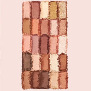 The JASON WU BEAUTY - FLORA 25 EYESHADOW artistry shadow palette contains 25 shades arranged in a 5x5 grid, ranging from light beiges and pinks to darker browns and rich shimmers. It features both shimmer and matte shades to inspire endless creativity.