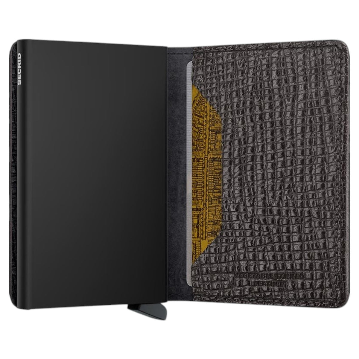 Illustration displaying the SECRID - Slimwallet Palmetto in Brown, expertly crafted by SECRID from refined Palmetto leather. The wallet measures 102 mm in height, 68 mm in width, 16 mm in thickness, and weighs 72 grams. Featuring RFID protection, the wallet is shown from both front and side perspectives.
