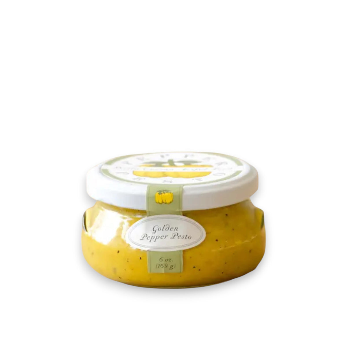 A small, transparent jar of "BELLA CUCINA - GOLDEN PEPPER PESTO" with a white lid. The jar contains a thick, yellow-colored sauce and features a light green label on the front displaying the product name and weight (6 oz. / 169 g). This vegan, small-batch delicacy from BELLA CUCINA is placed on a clean white surface.