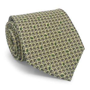 The PETER-BLAIR - ACORNS SILK TIE IN YELLOW by BIRD DOG BAY is a handmade yellow necktie from New York, adorned with a repeating pattern of brown acorns and occasional green oak leaves.