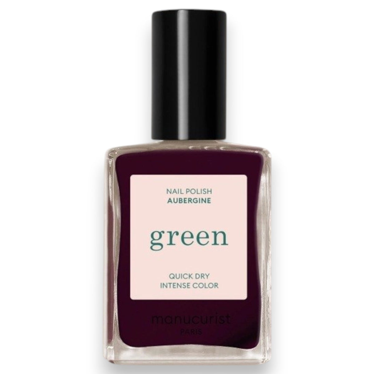 A dark maroon background features two elongated, curved white shapes—one larger, one smaller—forming an abstract, fluid design evocative of the deep, luxurious tones in MANUCURIST - GREEN™ NAIL POLISH IN EGGPLANT by MANUCURIST INC.