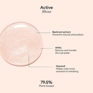 A clear bottle of MANUCURIST - ACTIVE™ SHINE TREATMENT POLISH by MANUCURIST INC features a white cap and a label that says “Nail Care Effects, Active Shine, Highlights & repairs.” This plant-based treatment polish contains a sparkly light pink formula that acts as both a hydrating highlighter and a nail strengthener.