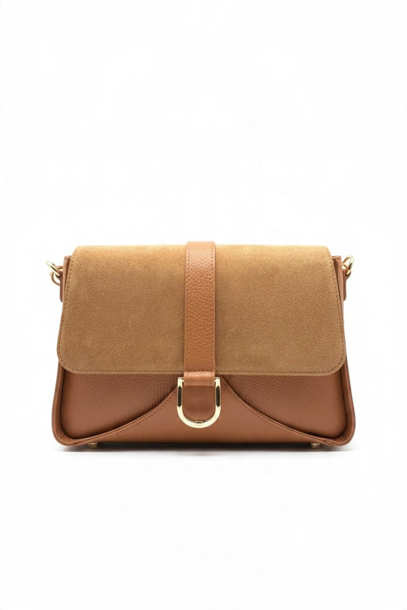 ANTONIO MODA LEANTHER AND SUEDE CROSSBODY HANDBAG in tan featuring a structured silhouette, a suede flap, a gold-toned D-ring buckle, and a vertical leather strap.