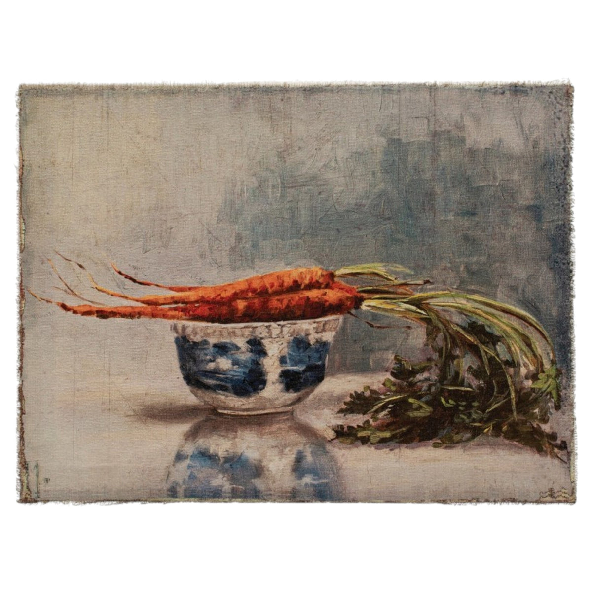 VEGETABLE STILL LIFE ON CANVAS by CREATIVE COOP features three carrots with leafy tops in a white and blue ceramic bowl on a light surface—ideal rustic kitchen artwork or charming farmhouse wall décor.