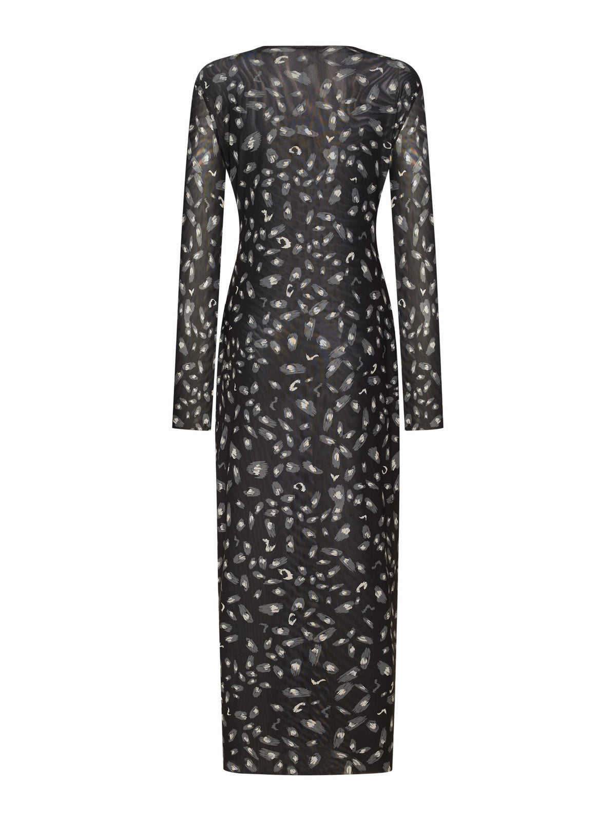 The FRANCO FERRARI Ballet Mesh Maxi Dress is a black, long-sleeved fitted dress with a sheer overlay in abstract silver and white, featuring a round neckline and straight silhouette.