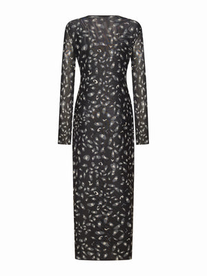 The FRANCO FERRARI Ballet Mesh Maxi Dress is a black, long-sleeved fitted dress with a sheer overlay in abstract silver and white, featuring a round neckline and straight silhouette.