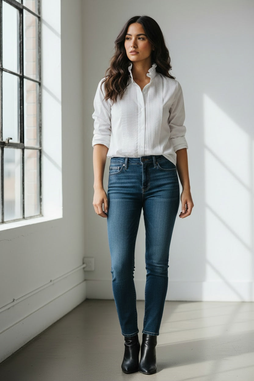 A blonde older woman wears the KMJ - SOUTHERN LOVER TUX blouse by KMJ and blue demi-boyfriend jeans with a turquoise necklace, looking down and tucking her hand in her waistband, set against a plain white background.