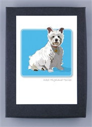 Illustration of a West Highland Terrier with perked ears on FSC-certified paper, wearing a collar with a gold tag. Framed by a rectangular border against a light blue background, these cards are proudly made in the USA. Product: PAPER RUSSELS - WEST HIGHLAND TERRIER BOXED CARDS by PAPER RUSSELLS.