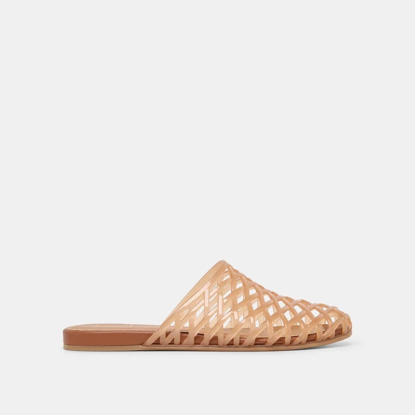 DOLCE VITA - GINNA JELLY FLATS IN WHISKEY featuring a tan jelly flat with a woven, crisscross cage design in a versatile slip-on sandal style.